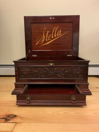 Antique 19th Century Stella Music Box W/ Key Mahogany Carved Mermod Freres