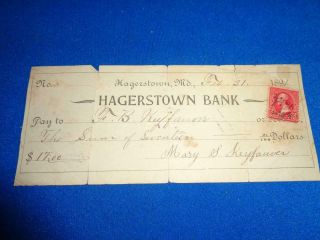 1891 Hagerstown Bank,  Md Bank Check W/revenue Stamp