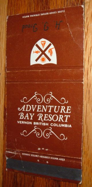 Adventure Bay Resort Vernon British Columbia Bc Canada Vintage Matchbook Cover