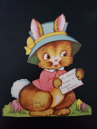 Vtg 1940s Easter Greeting Card Diecut Cute Anthropomorphic Bunny Girl Bonnet 7 "