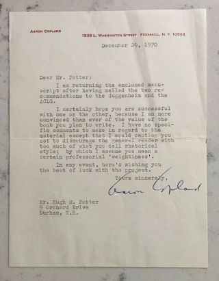 Aaron Copland Typed Letter Signed Autograph Tls 1970 Composer Musician