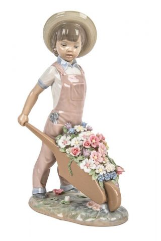 Lladro Boy Pushing Flower Cart