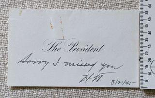 President Harry Truman Signed White House Calling Card 08/21/1945 Wwii