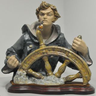 Lladro Seaman Helmsman Sea Captain Figurine 1325 Wood Pedestal Pipe Intact
