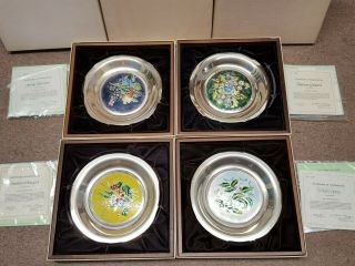 S/4 Vintage Franklin The Four Seasons Champleve Sterling Silver Plates Set