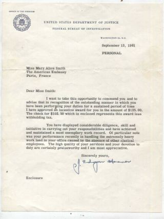 Fbi Director J.  Edgar Hoover Signed Letter Guaranteed