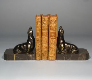 Vintage French Art Deco Spelter And Marble Bookends,  “seals”