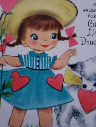 Vtg Hallmark Valentine Greeting Card Diecut Cute Girl Pink Flock Hearts Lamb 50s
