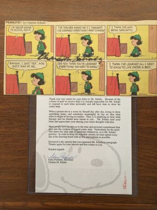 Charles M.  Schulz Signed Autograph Comic With Letter