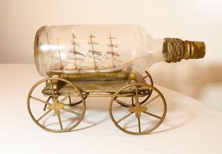 Antique Handmade Nautical Folk Art Sail Ship Boat In Bottle Sculpture Carriage