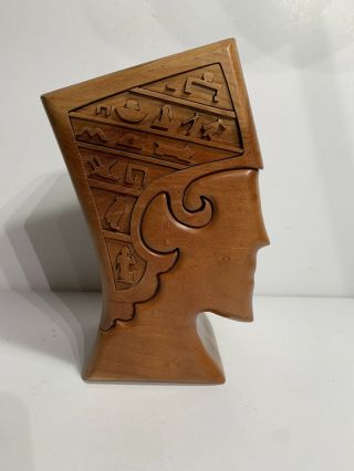 Lg Vintage Richard Rothbard Carved Wood Puzzle Box Egyptian Head King Tut