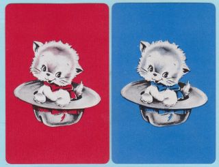 2 Single Vintage Swap/playing Cards Cat In A Hat Kitten,  Ribbon Bow Red/blue