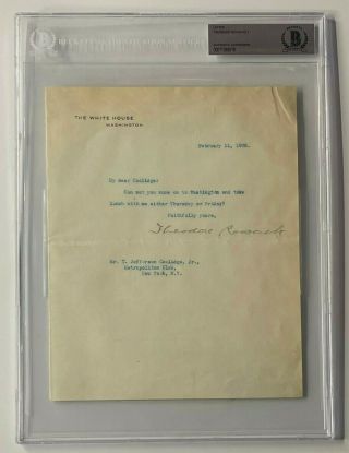 President Theodore Teddy Roosevelt Signed 1908 White House Letter Beckett Bas