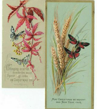 2 Artist Signed Emily Wymper Victorian Christmas Cards Butterflies Wheat Emboss