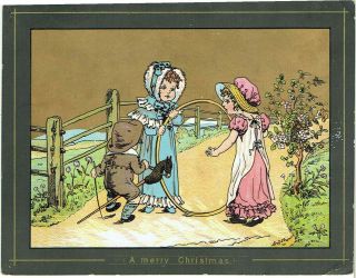 Victorian Christmas Greetings Card Boy & Two Girls With Hoop & Hobby Horse