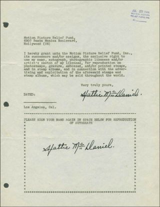 Hattie " Mammy " Mcdaniel - Document Double Signed 07/22/1946