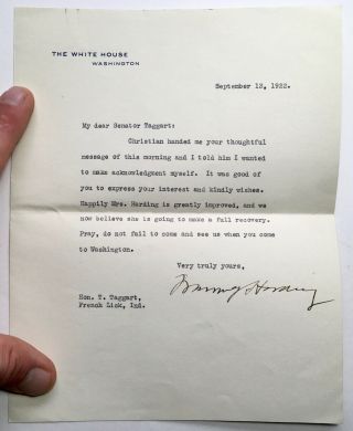 1922 Signed Autograph White House Letter President Warren G Harding Sen.  Taggart 2