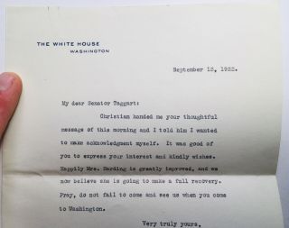 1922 Signed Autograph White House Letter President Warren G Harding Sen.  Taggart 3