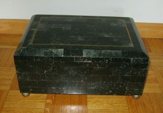Maitland Smith Green Tesselated Stone Lidded Box W/brass Inlay 14 " X 10 " X 6 " H