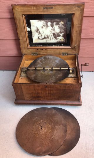 Antique 19th Century 13 1/2 “ Disc Playing Dual Comb Symphonion Music Box