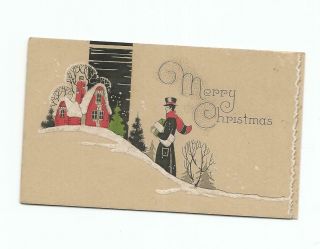 Vintage Christmas Card Man With Gifts Walk Up To Red Home On Hill 1930 