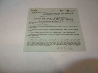 Colorado National Monument License To Operate Motor Vehicle,  Jun. ,  4,  1950