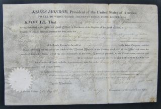 1820 Vellum Ohio Land Grant Signed James Monroe In Muskingum County Ohio