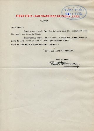 1953 Letter Autograph Signed By Ernest Hemingway Finca Vigia Guba
