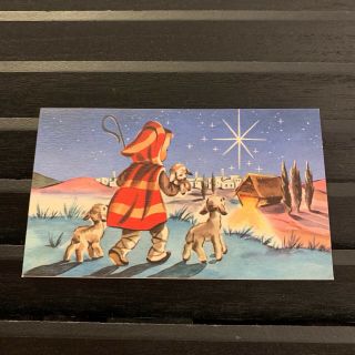 Vintage Greeting Card Christmas Shepherd Boy Lamb Sheep Star