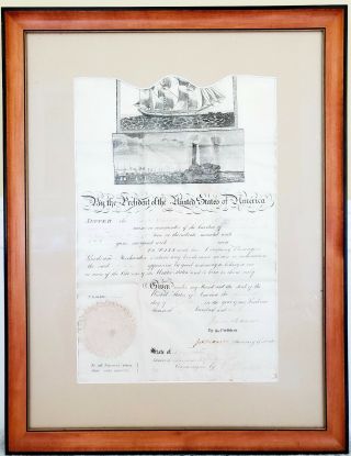 Antique 1812 Pres.  James Madison Signed Ship Oneida Passport Document Framed