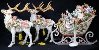 Fitz And Floyd Enchanted Holiday Tureen Sleigh & 2 Reindeer Figurines 17 " H W/box