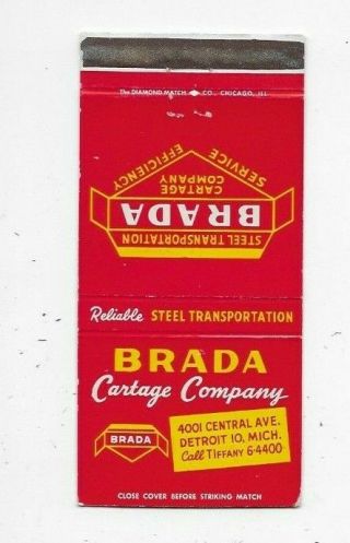 Vintage Matchbook Cover Brada Cartage Co Detroit Mi Truck Line 2187