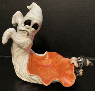 Very Rare Fitz & Floyd Halloween Ghost Looking Back & Witch Spider Candle Holder