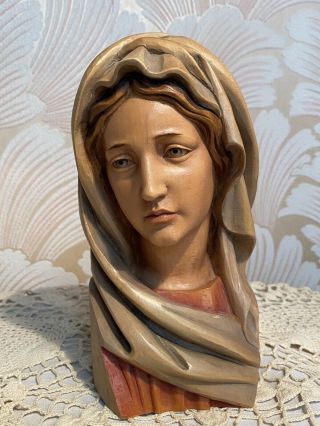 Anri Vintage Mary Madonna Hand Carved Wood Bust Figure Statue Italy Large 9” Euc