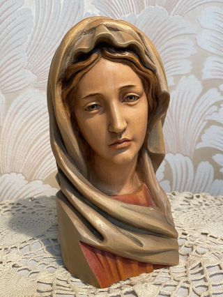 ANRI Vintage Mary Madonna Hand Carved Wood Bust Figure Statue Italy Large 9” EUC 2