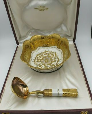 Le Tallec Paris French Hand Painted Gold Porcelain Serving Bowl W/spoon Limoges