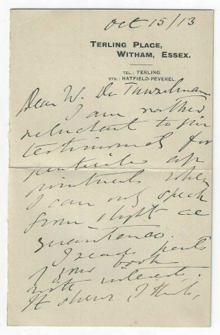 John William Strutt Rayleigh Letter Signed 1913 Nobel Prize Physics Autographed