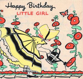Vintage Art Deco Birthday Greeting Card Girl In Yellow Watering Flowers 2119