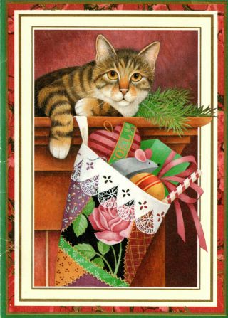 Vintage Christmas Card:tabby Cat On Mantel W.  Stocking