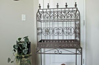 Ornate Bird Cage Large Cathedral Dome Top Vtg Rustic Iron Scrolls Base & Stand