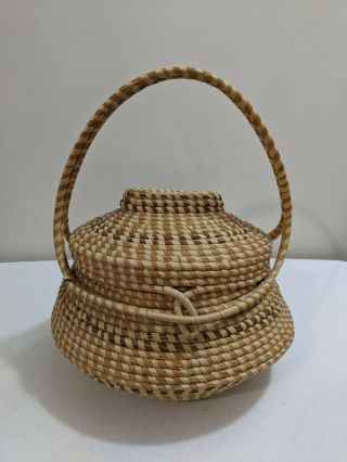Charleston Sweet Grass Gullah Basket With Attached Lid - Pre - Owned