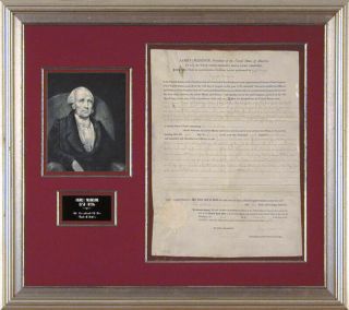 James Madison - Land Grant Signed 01/01/1813 Co - Signed By: Edward Tiffin