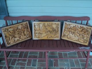 (3) Vintage Chinese Japanese Art Hand Carved Wooden Panel Plaque Pictures