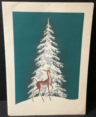 Vtg Christmas Card Deer In Front Of Silver Highlighted White Tree