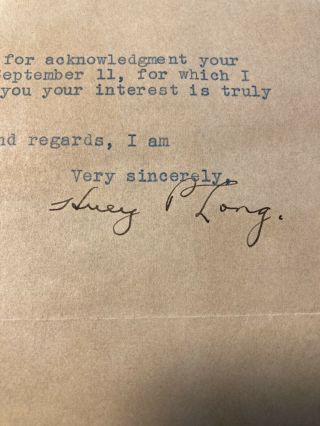 1933 Hand - Signed Letter From Louisiana Senator Governor Huey P.  Long