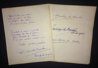 1933 Signed Poem By Queen Amelia Of Portugal,  5 Signatures From Bourbon Family