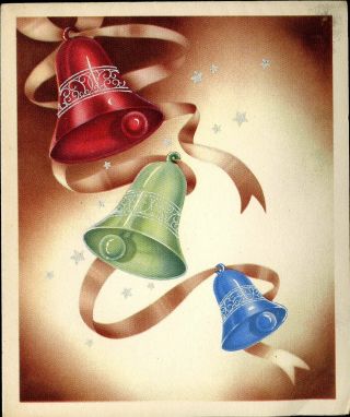 Vtg Christmas Card Art Deco Jingle Bells In Red Green And Blue