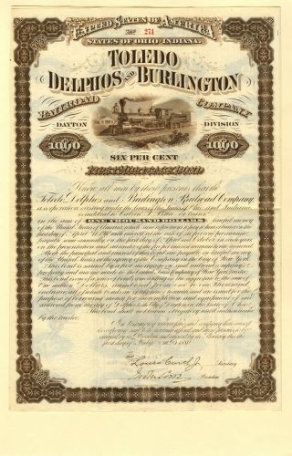 Toledo Delphos And Burlington Railroad Company $1000 Bond