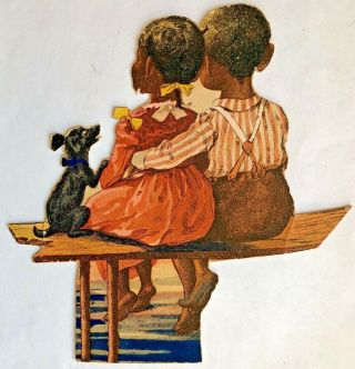 Antique Vintage Sweet Boy & Girl On Pier With Dog Trade Card Scrap Cut Out