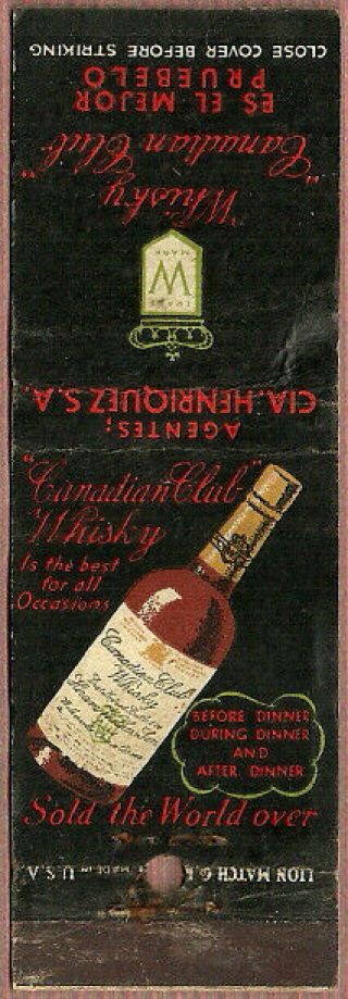 Very Old Canadian Club Whisky Import Agent Matchcover From Panama Whiskey Liquor